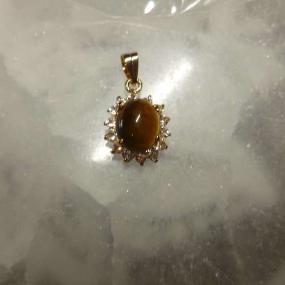 18K Gold Electroplate Tiger's Eye Swarovski Crystals Pendant - Picture 3 of 5